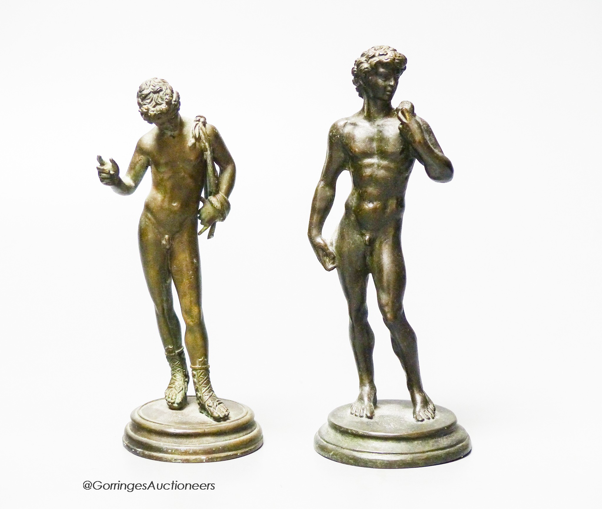 Two 19th century bronze figures, after the Antique, of David and another, tallest 14cm